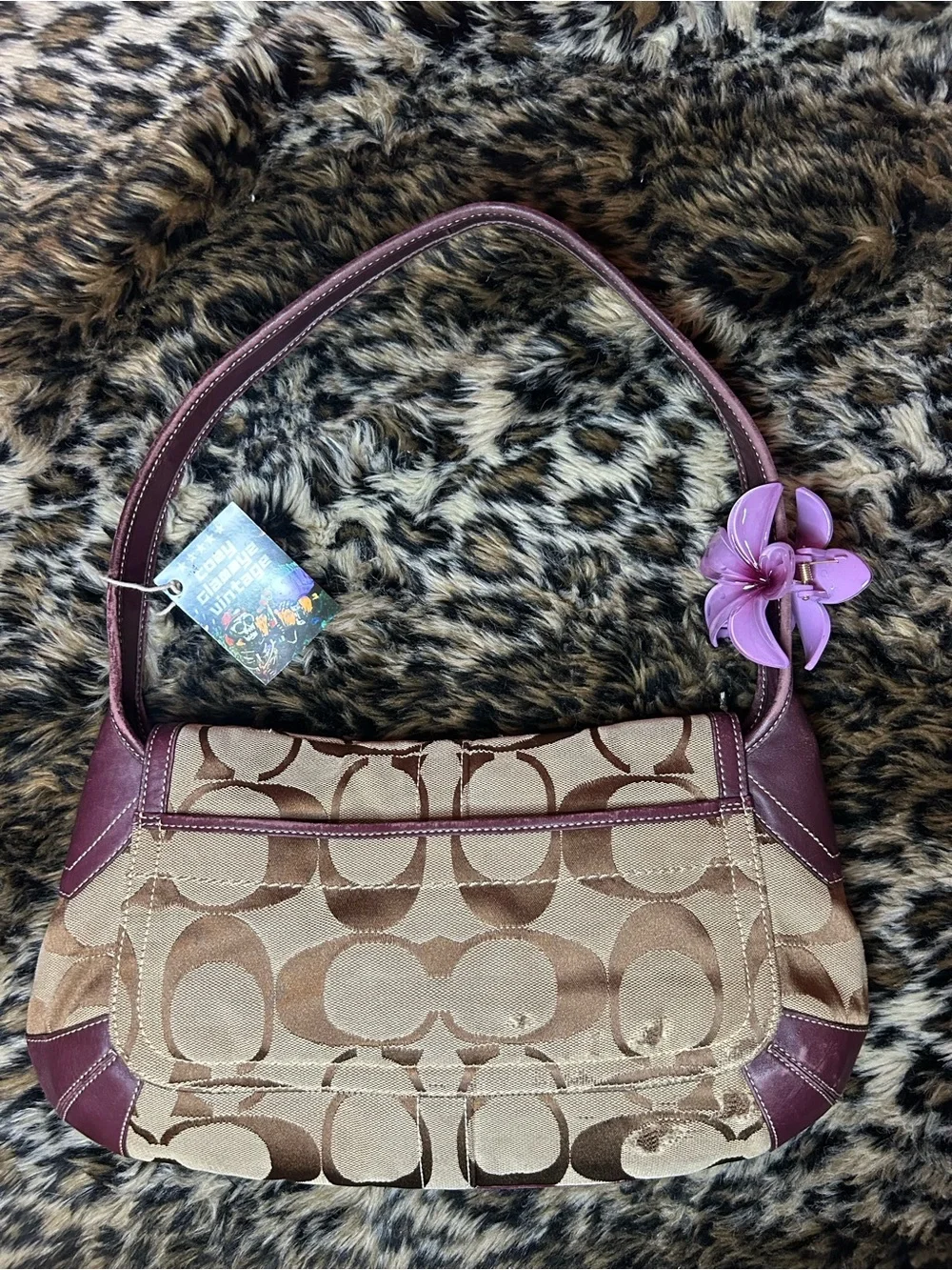 Coach Brown Signature Canvas Shoulder Bag with Plum Trim